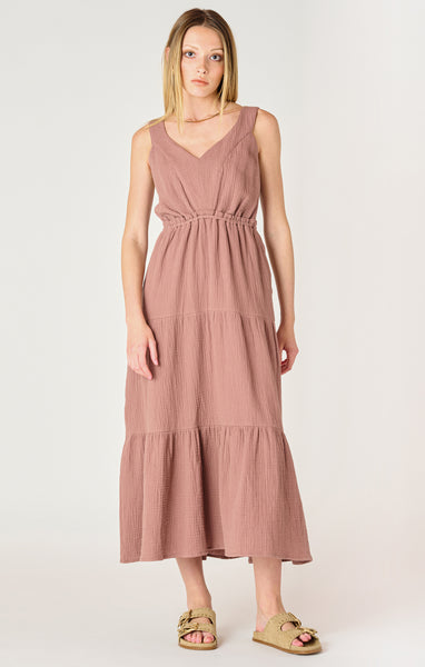 ROSEWOOD TEXTURED TIERED MIDI DRESS