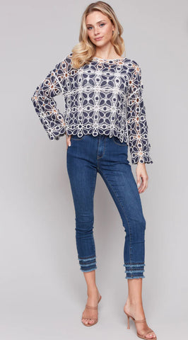 Cotton Blend Crochet Top - Denim