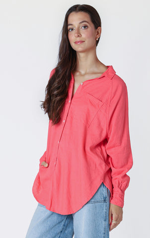 Coral - Long Sleeve Button Front Blouse