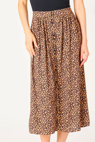 Button Front Midi Skirt - Leopard