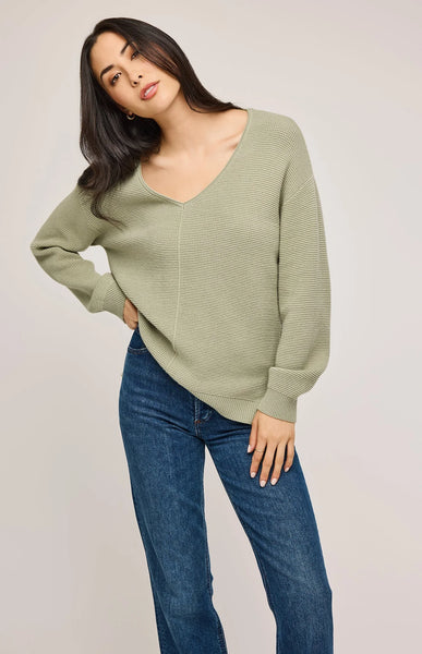 Lisbon V-Neck Knit Sweater- Cactus